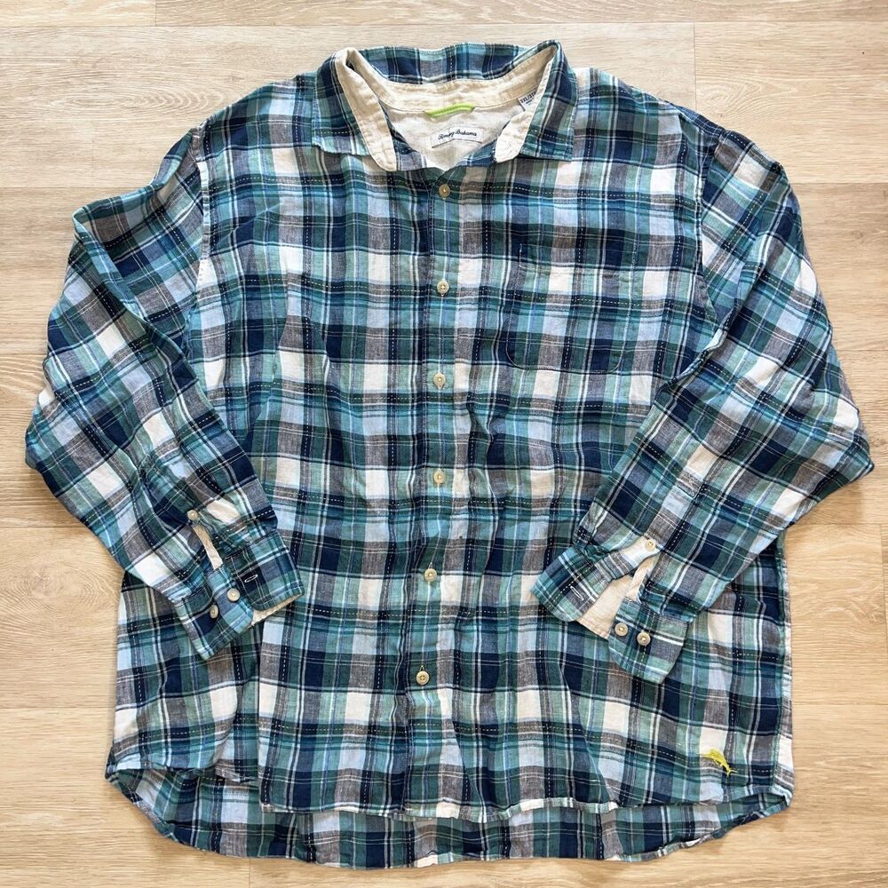 Tommy Bahama Linen Blue Plaid Relaxed Button Up Long Sleeve Shirt Men's-Size 3XL